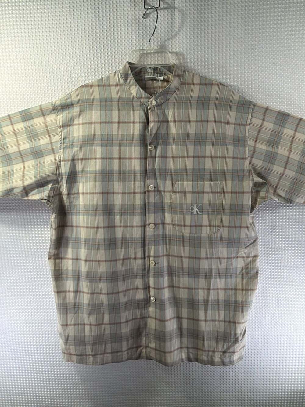 Calvin Klein ck Logo Plaid Mandarin Collar Short Sleeve Shirt